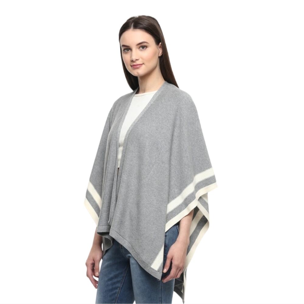 Gray Combed Cotton Lagenlook Preppy Minimalist Classic Knit‎ Sweater Poncho OS